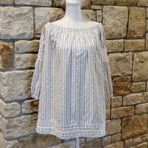 Freeway off shoulder dress blue tan stripe medium